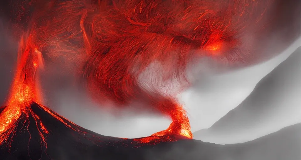 Image similar to a volcano made of ivory vines and crimson rocks enters in eruption, it spits a smoke in the shape of demonic eye, by Ruan jia