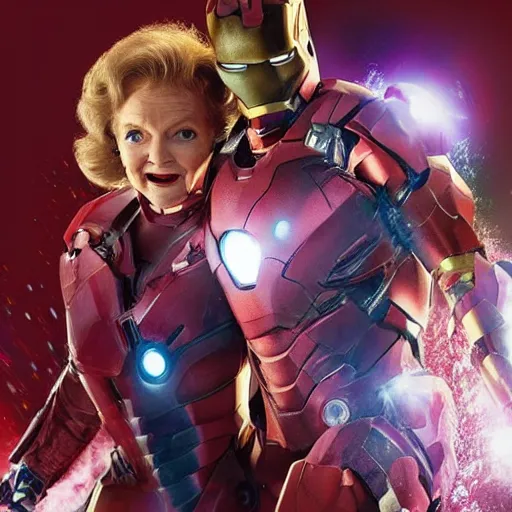 Image similar to promotional still of betty white as marvel's iron man [ film ], hero pose but shy, action, adventure, romance, imax 7 0 mm, 4 k