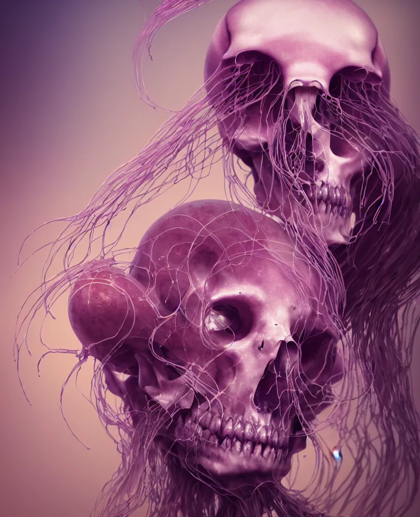 Image similar to goddess close-up portrait human skeleton, ram skull, jellyfish, orchid, betta fish, bioluminiscent, intricate artwork by Tooth Wu and wlop and beeple. octane render, trending on artstation, greg rutkowski very coherent symmetrical artwork. cinematic, hyper realism, high detail, octane render, 8k