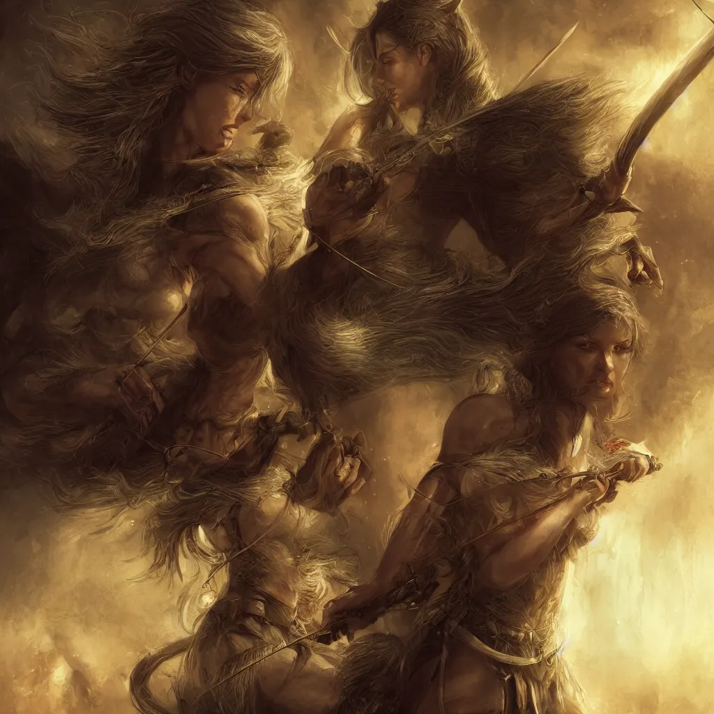 Image similar to Photorealistic cinematic close-up portrait of only one powerful angry female D&D elf ranger, holding a longbow, with a pet wolf, by Larry Elmore and Steven Belledin . Magical occult photorealism, UHD, amazing depth, glowing, golden ratio, 3D octane cycle unreal engine 5, volumetric lighting, cinematic lighting, cgstation artstation concept art