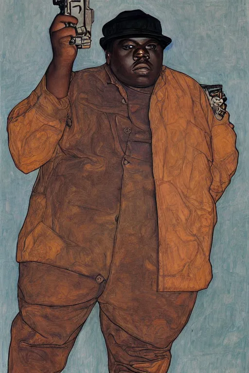 Image similar to a portrait of biggie smalls pointing an uzi toward the viewer by egon schiele, masterpiece, hyperdetailed, complex, intricate, old school, 9 0 s, 4 k, trending on artstation