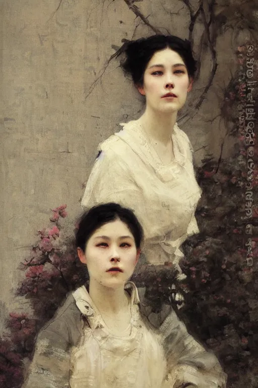 Image similar to Solomon Joseph Solomon and Richard Schmid and Jeremy Lipking victorian genre painting full length portrait painting of a young beautiful woman from japan