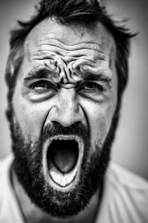 Prompt: Portrait of an angry white man shouting into the camera. Photography. Photo realism. Portrait Photography. 50mm. 1.8 aperture