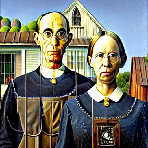 Image similar to A portrait of American Gothic by Grant Wood, but the people are astronauts.