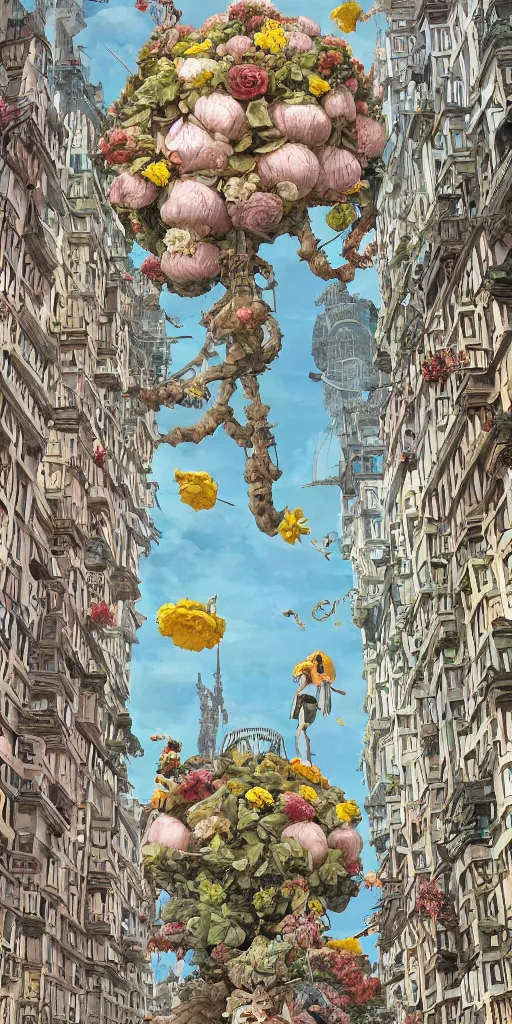 Image similar to colossal grotesque flower in the middle of abandoned early soviet constructivist cityscape, Stalinist architecture, ultradetailed by Hayao Miyazaki and Josan Gonzalez and Makoto Shinkai and Giuseppe Arcimboldo and Wes Anderson