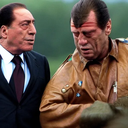 Image similar to Silvio Berlusconi the orc chieftain cry at the sky as he watches his brother slain in battle