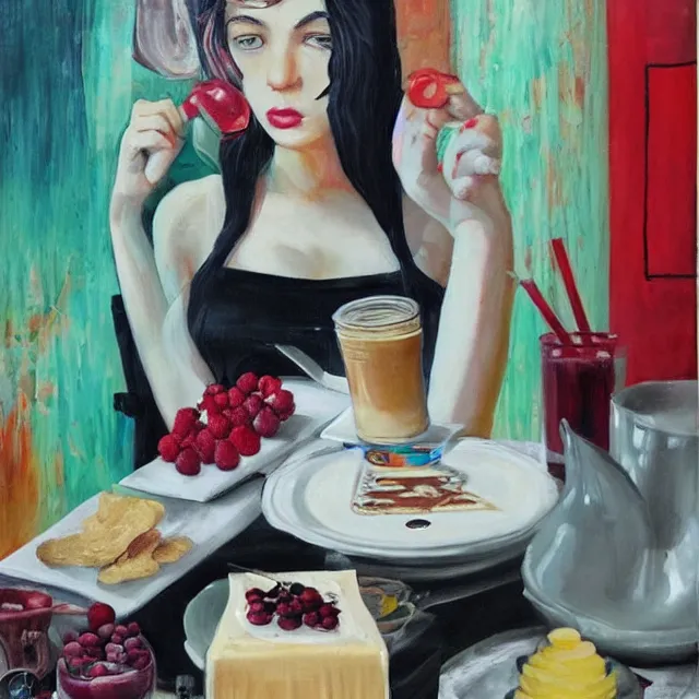 Image similar to “ sensual, a portrait in a female art student ’ s apartment, pancakes, woman drinking an iced latte from a painting, berries, art supplies, a candle dripping white wax, berry juice drips, neo - expressionism, surrealism, acrylic and spray paint and oilstick on canvas ”