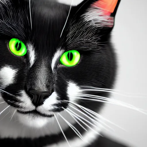 Prompt: a portrait of a beautiful black and white cat wearing a tuxedo with colorful bright green eyes, hd, 8k, hyper-realism, detailed, 3D render