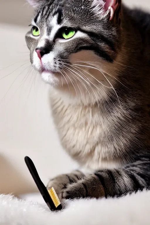 Prompt: a cat staring at a hairclip in a fluffy bed, photorealistic, 1 4 k hd quality, highly detailed, vibrant, more coherent, super high quality, hyper realistic