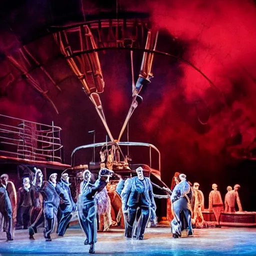 Image similar to award winning Production photo of the Hindenburg disaster the musical on broadway, dancing, singing, costumes by Julie Taymor, set design by Julie Taymor