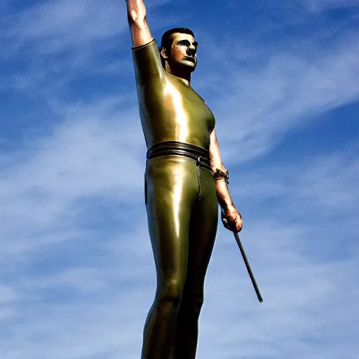 Image similar to Bronze sculpture of Freddie Mercury on the sky. Minimalism, high definition, 8k, High detail, perfect composition. Volumetric Lighting.