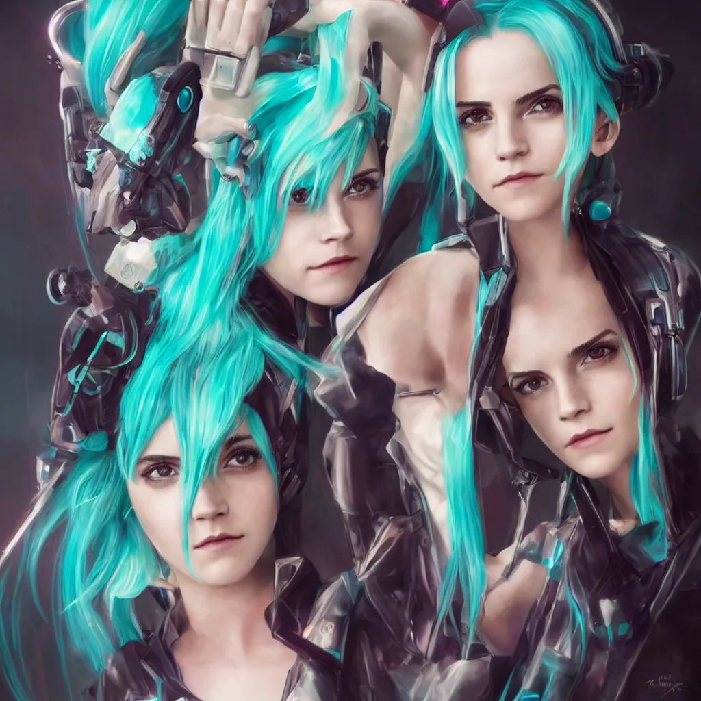 Image similar to emma watson as hatsune miku, she is wearing cyberpunk dress, character portrait. cinematic lightning, art by artgerm and tom bagshaw