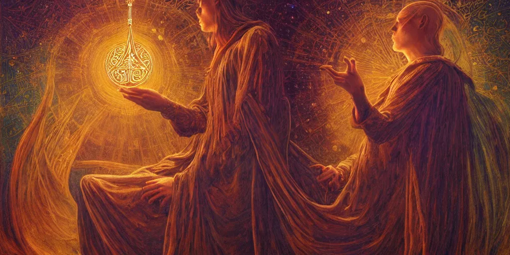 Prompt: a ultra - detailed beautiful painting major arcana the magician, sigils, runes, magical items, by jean delville, wlop and peter mordenbacher, trending on artstation, orb of agamento, light sparkles, sky, sharp focus, soft light, redshift render, ultra real