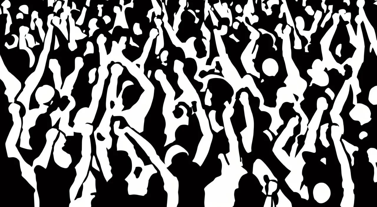 Image similar to black and white, high contrast, low angle, pop art of a group of workers raising their fists