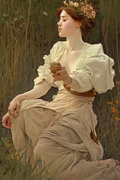 Image similar to beautiful natural coy cottagecore peasant maiden life drawing, intricate, elegant, highly detailed, digital painting, artstation, concept art, smooth, sharp focus, illustration, art alphonse mucha and james gurney and wlop