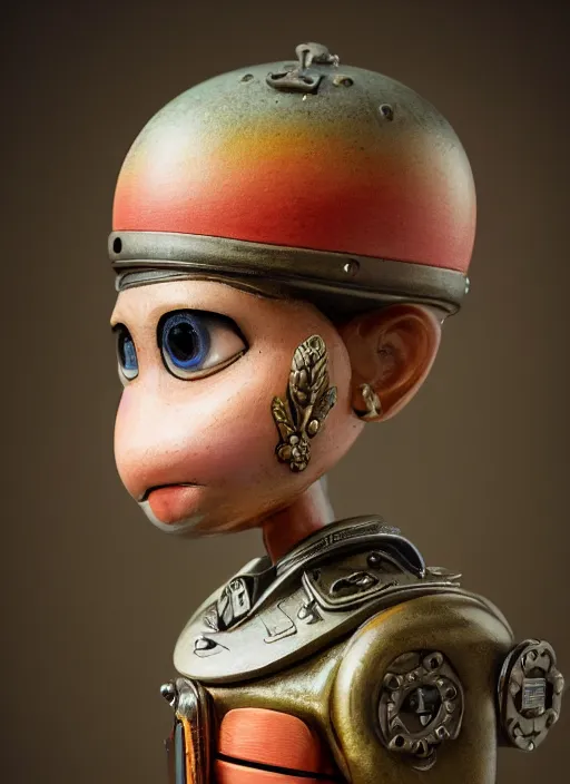Image similar to closeup face profile portrait of tin toy army general, depth of field, zeiss lens, detailed, symmetrical, centered, fashion photoshoot, by nicoletta ceccoli, mark ryden, lostfish, breathtaking, 8 k resolution, extremely detailed, beautiful, establishing shot, artistic, hyperrealistic, octane render