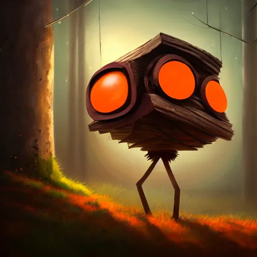 Prompt: a walking wood and metal house with two legs and one big eye, rust, hyperrealistic, highly detailed, cinematic, single ray of sun, morning, pareidolia, gravity falls style, red and orange dominance, beautiful, cgssociety, artstation, 8 k, oil painting, digital art