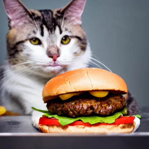 Image similar to fat cat eating a hamburger, dslr photo, high detail, high resolution