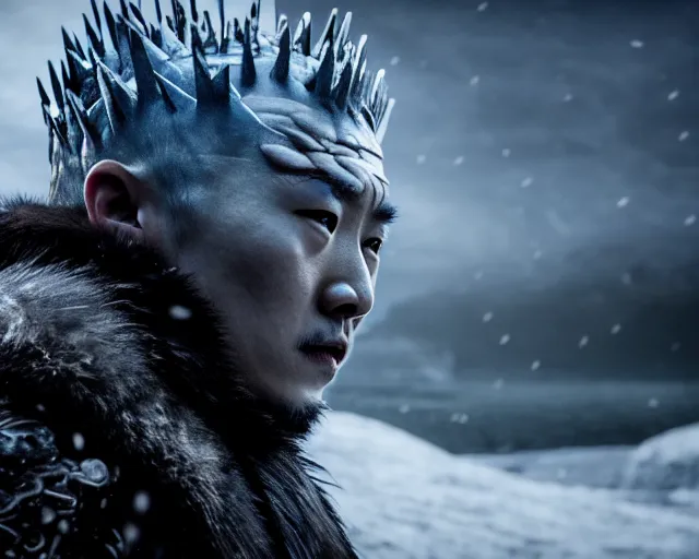 Image similar to justin sun as night king in game of thrones inside large clear ice teardrop, crimson - black bee army behind, 4 k, epic, cinematic, focus, movie still, fantasy, extreme detail, atmospheric, dark colour, sharp focus