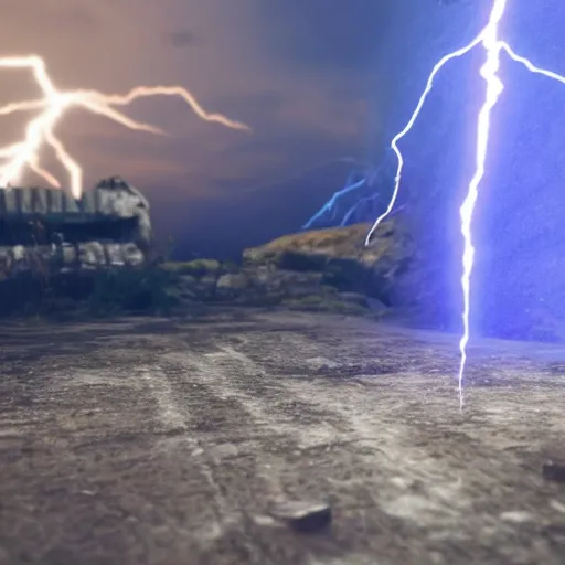 Image similar to a diamond on a stone platform getting struck by blue lightning, cinematic lighting, unreal engine render