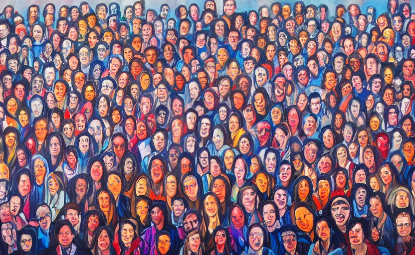 Prompt: a painting of hundreds of people sitting down being brainwashed by a giant crt television