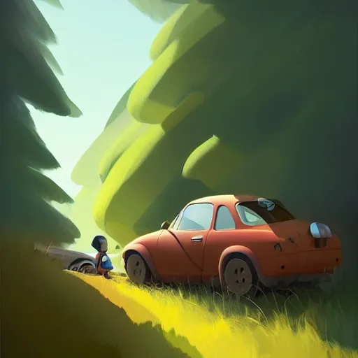 Image similar to goro fujita ilustration hikers parking the car in the forest, painting by goro fujita, sharp focus, highly detailed, artstation