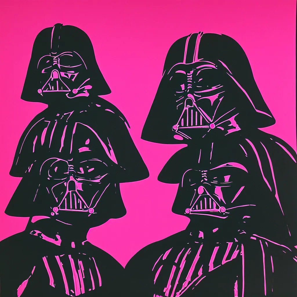 Prompt: individual silk screen portrait of darth vader by andy warhol