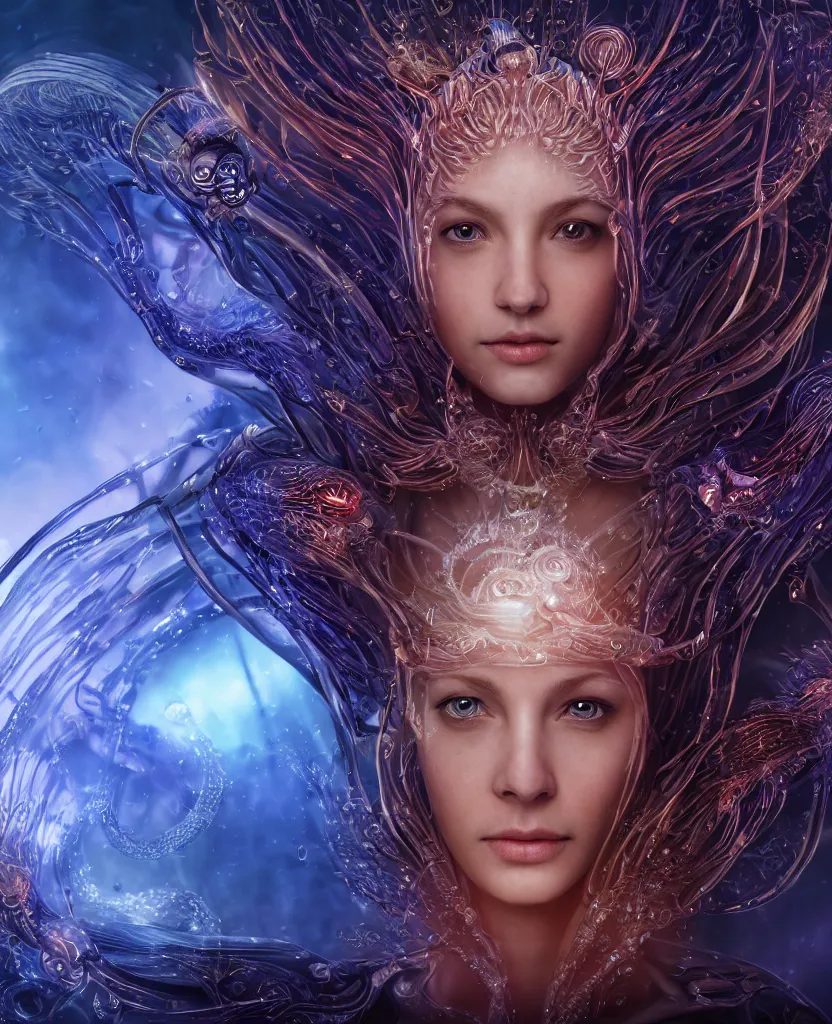 Image similar to epic medieval futuristic close-up macro portrait of the face of a beautiful princess, epic angle and pose, symmetrical artwork, 3d with depth of field, blurred background, cybernetic jellyfish female face skull phoenix bird, translucent, nautilus, energy flows of water and fire. a highly detailed epic cinematic concept art CG render. made in Maya, Blender and Photoshop, octane render, excellent composition, cinematic dystopian brutalist atmosphere, dynamic dramatic cinematic lighting, aesthetic, very inspirational, arthouse. y Greg Rutkowski, Ilya Kuvshinov, WLOP, Stanley Artgerm Lau, Ruan Jia and Fenghua Zhong