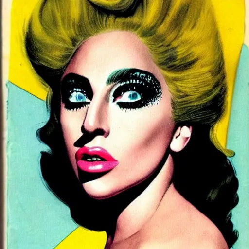 Image similar to Lady Gaga portrait, color vintage magazine illustration 1950