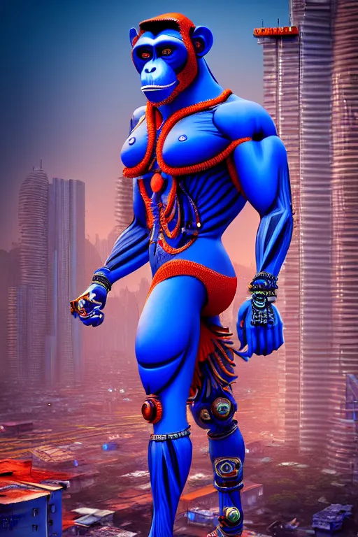 Image similar to high quality 3 d render stylized mischievous cyborg muscular man monkey blue hybrid, neon madhubani, highly detailed, cyberpunk!! mumbai in the background, unreal engine cinematic smooth, szukalski ravi varma, moody light, low angle, uhd 8 k, sharp focus