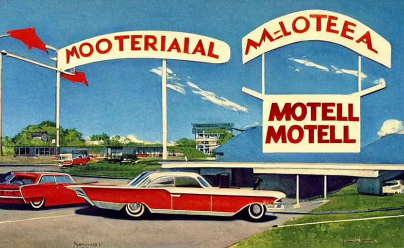 Image similar to 1 9 6 0 s americana painting of a motel and motel sign with cars parked outside by norman rockwell