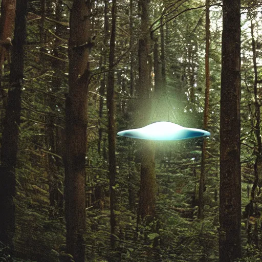 Image similar to grainy photograph of a bottle-shaped UFO flying above a forest