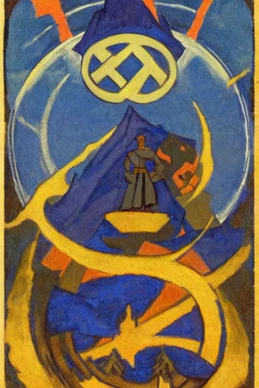 Image similar to thor, marvel, artwork by nicholas roerich,