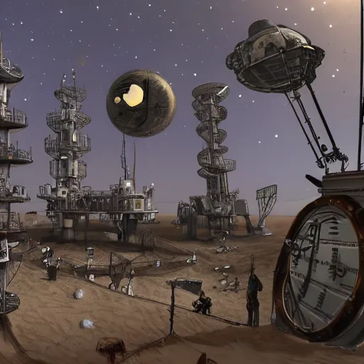 Prompt: photo of a steampunk moon base