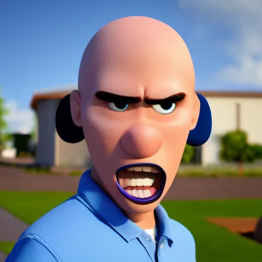Prompt: handsome thin athletic white man with short buzzed widows peak hair, facial stubble and blue eyes posing outside, depicted as a Pixar character, high quality cg render, 4k