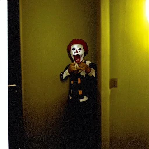 Image similar to creppy 2 0 0 1 photo of ronald mcdonald screaming in a dark room