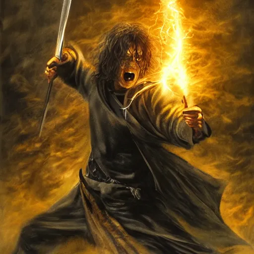 Image similar to Saurom from Lord of the Rings as a wizard in Harry Potter, fighting Lord Voldemort, dramatic lighting, oil painting, highly detailed