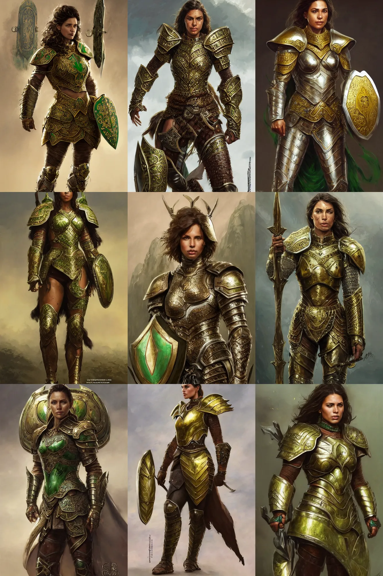 Prompt: full body portrait of a rugged female warrior brown skin medium length brown hair and a very highly detailed face wearing elegant white, green and gold plate mail armor intricately painted, holding a huge shield, very highly detailed, artstation, realistic character concept artgerm, sharp focus, by greg rutkowski, and magali villeneuve