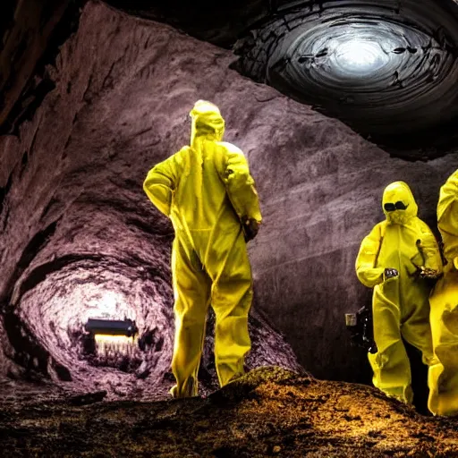 Image similar to People in hazmat suits exploring the deepest parts of a dark pit using flashlights. Gigantic iridescent alien structures can be seen in the distance. Establishing shot, cinematic. 4k ultra hd, film