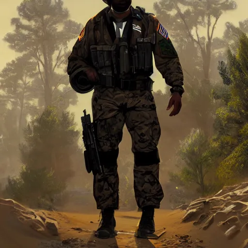 Image similar to Portrait of a black man wearing a US military outfit in a grand theft auto 5 loading screen , art by Albert Bierstadt and James Gurney, highly detailed, digital painting, matte painting, concept art, illustration, oppressive lighting, trending on artstation, very detailed