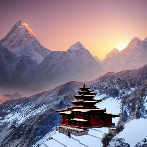 Prompt: snowy peaks, himalayas, buddhist temple, stunning, extraordinary, blizzard, mystical, made in abyss style