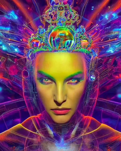 Image similar to a powerful energy psychedelic matrix queen with a crown, by alexander fedosav, hyper detailed digital matte painting, concept art, hyperrealism, 1 6 k resolution, cinema 4 d, 8 k resolution, trending on artstation, behance hd, a masterpiece, by stephan martiniere, particles, cel - shaded, power bright neon energy, by david a. hardy