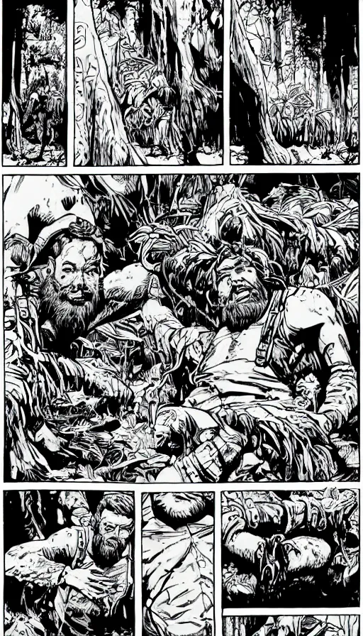 Image similar to multi - panel page from a highly detailed horror comic. a handsome rugged bearded man treks through a rainforest. finds an ancient temple. ink.