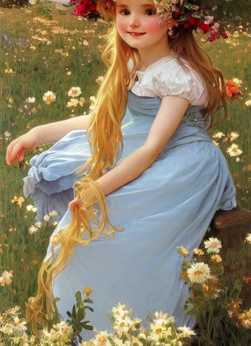 Prompt: a cute happy little girl with long golden blonde hair wearing a sky blue summer dress stands in the square of a french village, beautiful painting by artgerm and greg rutkowski and alphonse mucha