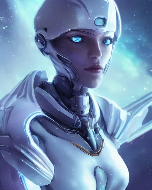 Image similar to perfect android girl on a mothership, warframe armor, beautiful face, scifi, futuristic, galaxy, nebula, raytracing, dreamy, long white hair, blue cyborg eyes, sharp focus, cinematic lighting, highly detailed, artstation, divine, by gauthier leblanc, kazuya takahashi, huifeng huang