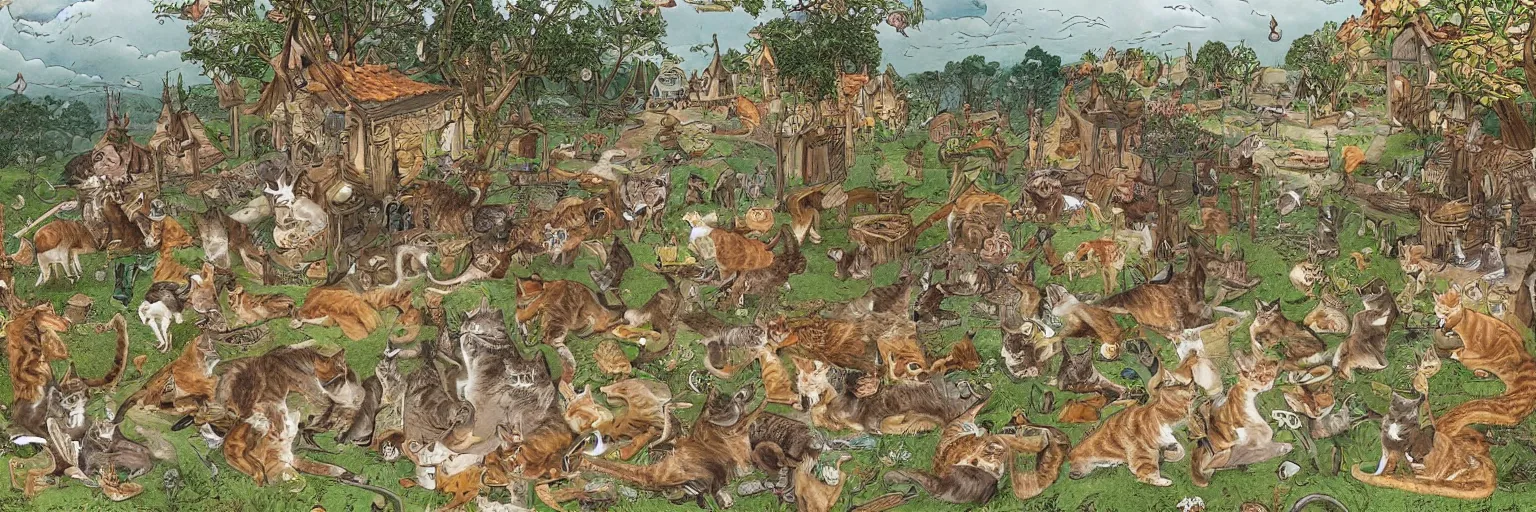 Image similar to a beautifully detailed illustration of the cat kingdom, many anthropomorphic cats enjoying a beautiful day in the countryside