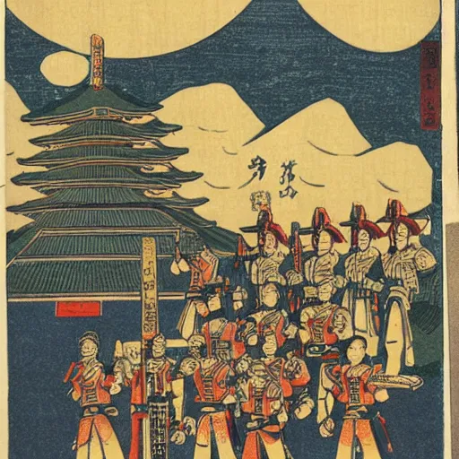 Image similar to late meiji period, colored woodblock print, imperium space marines