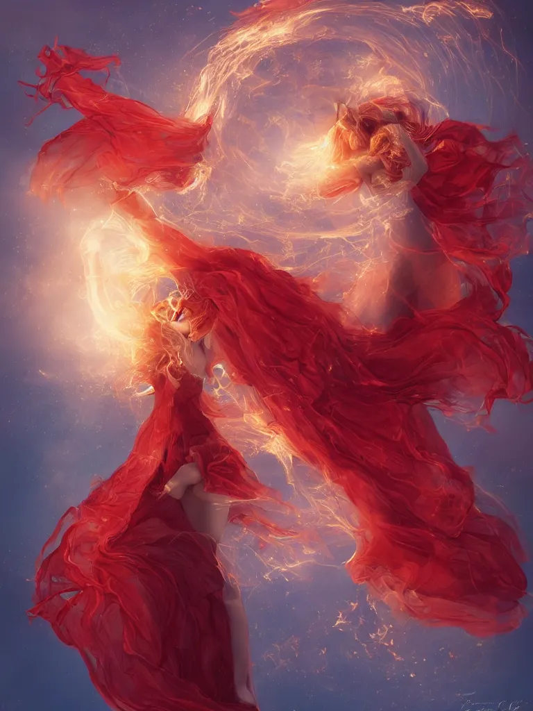 Prompt: A woman floats in midair, encircled by a ring of fire. She wears a crimson gown and her hair is wild and flowing. In her hands she holds a staff adorned with a large crystal ball, super coherent, trending on artstation, single subject, female, magic, by Lulu Chen and Mandy Jurgens