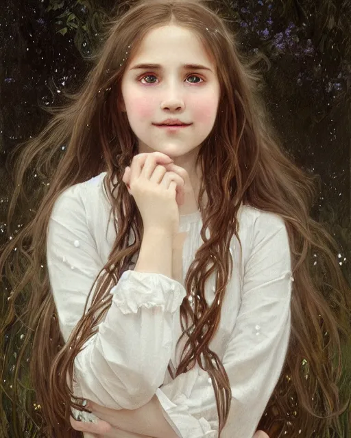 Prompt: portrait of 1 5 - year - old girl, little smile with large front teeth, hermione, very bushy brown hair, and very bright brown eyes, wearing white shirt, hyper realistic face, beautiful eyes, close up, fantasy art, in the style of greg rutkowski, intricate, alphonse mucha, hyper detailed, smooth