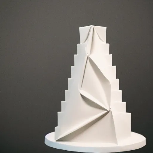 Prompt: minimalist wedding origami concept cake photorealistic in kitchen by amaury guichon